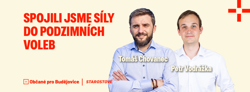Cover page Banner s nadpisem „Spojili jsme síly do podzimních voleb“, logy HOPB a Starostové a fotkami lídrů – Tomáš Chovanec a Petr Vodrážka